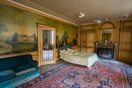 Chambre du Château de Sainte-Julie avec un lit, un canapé et des murs peints de paysages. Tapis oriental au sol.