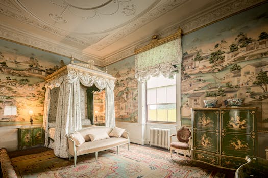 Chambre de la Renaissance au Château de Sainte-Julie avec un lit à baldaquin, des murs peints et un mobilier ancien.